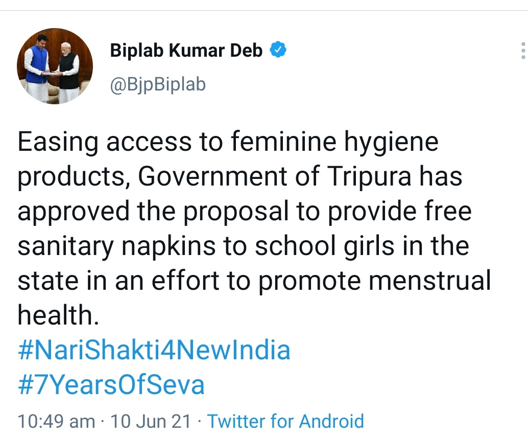 Tripura govt approves proposal to provide free sanitary napkins to schoolgirls.