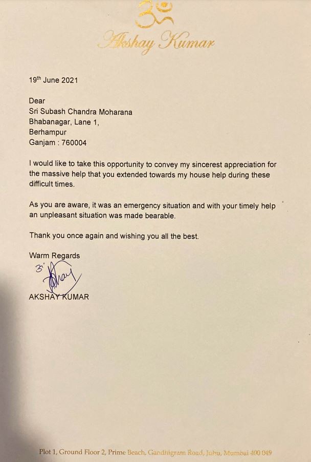 Letter of thanks from Superstar Akshay Kumar to Odisha-Mo paribar Coordinator Subash Maharana