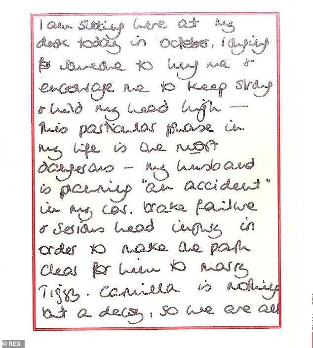 Diana's explosive letter alleging Prince Charles of planning an accident in her car.