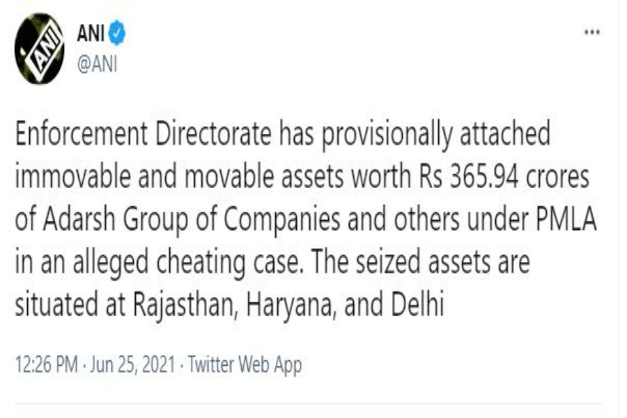 Enforcement Directorate attached 365 crore rupees assets adarsh group of companies in haryana rajasthan and delhi