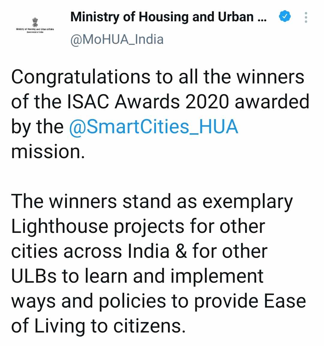 Union Ministry of Housing and Urban Affairs tweeted