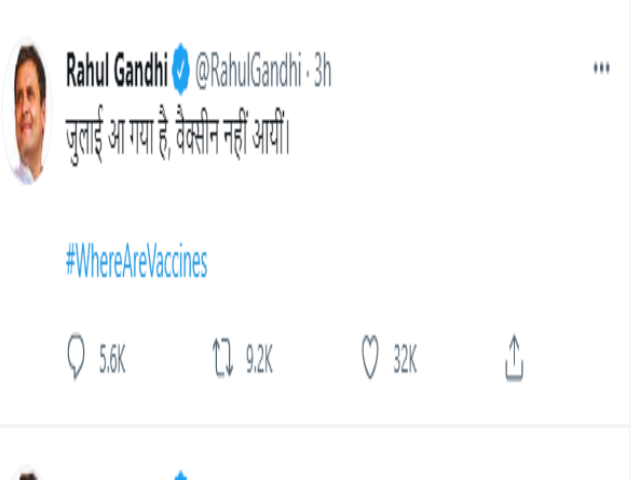 Rahul Gandhi tweets on Covid vaccination