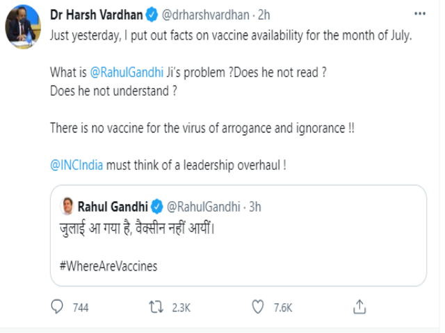 Dr Harsh Vardhan hits back on Rahul Gandhi's tweet