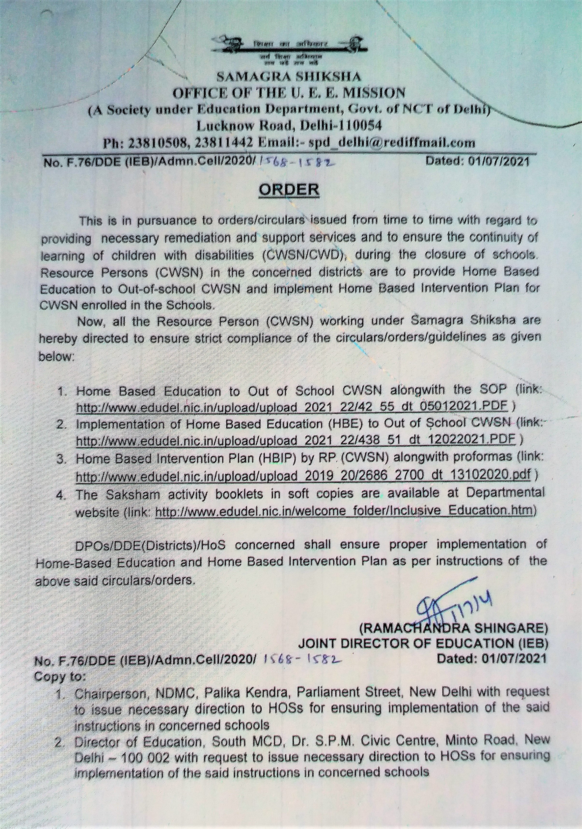 Order by Directorate of Education, Government of Delhi