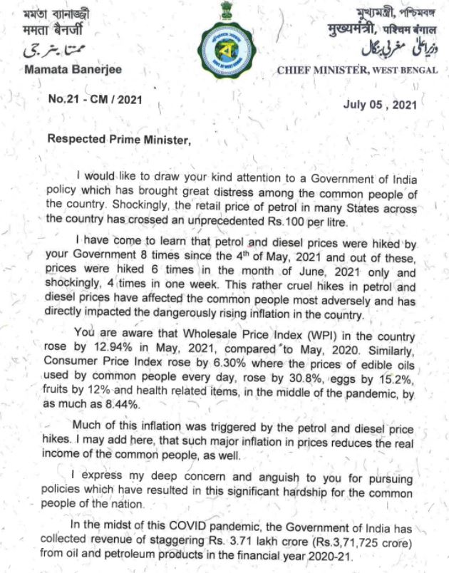 mamata-banerjee-writes-letter-to-pm-narendra-modi-on-petrol-diesel-price-hike