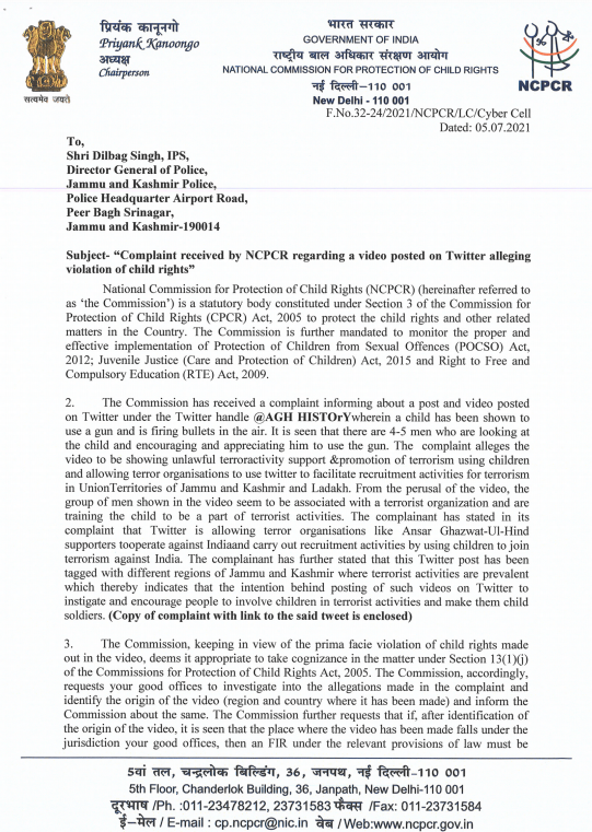 NCPCR writes to JK DGP, Twitter India