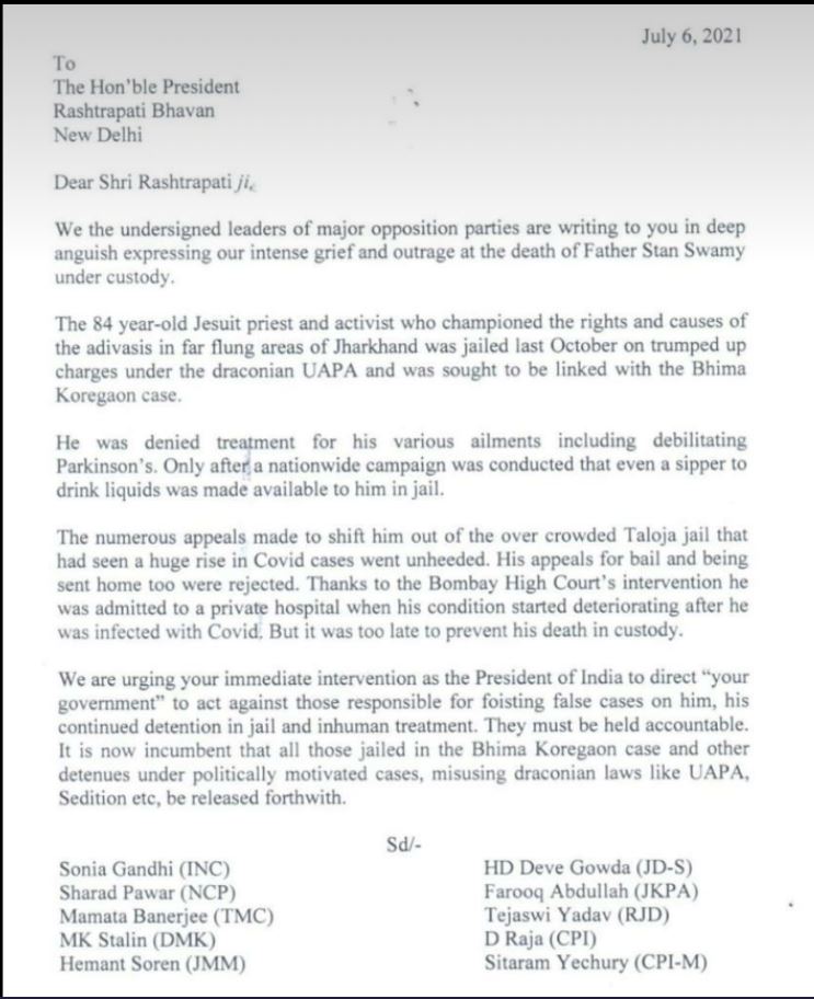 A copy of the letter written by Opposition leaders to President