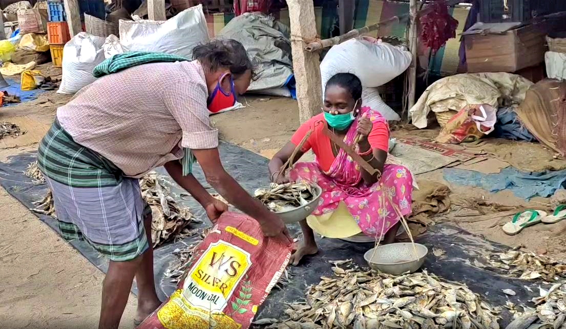 மீண்டும் சந்தை திறந்த பூரிப்புடன் கருவாடு விற்கும் பெண்