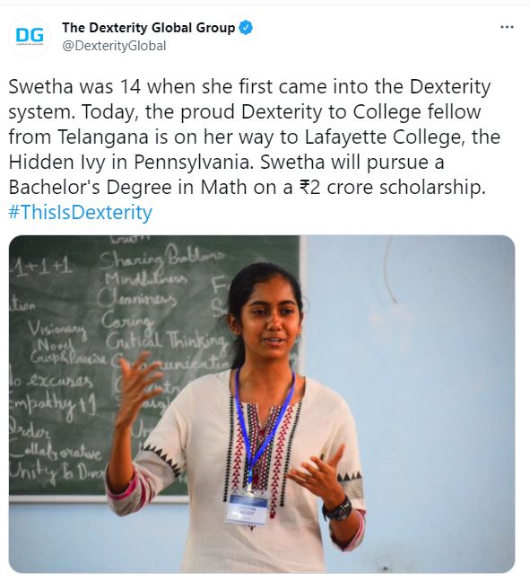 telangana student Swetha reddy got two crore rupees scholarship from Lafayette College in America
