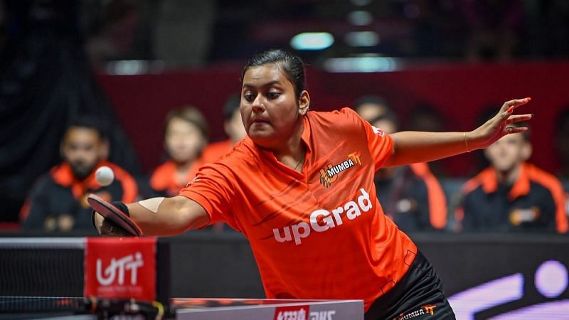 Sutirtha Mukherjee is in action during a UTT women's singles match.