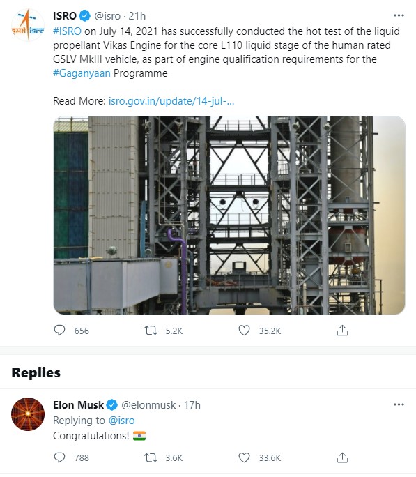 Elon Musk's comment on ISRO's tweet