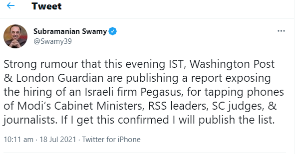 Subramanian Swamy tweet