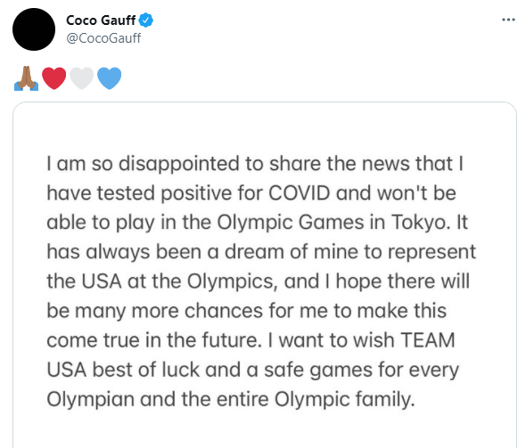 امریکی ٹینس کھلاڑی کوکو گوف کورونا سے متاثر ہونے کے بعد اولمپکس سے باہر