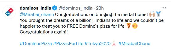 Domino free pizza to Olympic medallist Mirabai Chanu