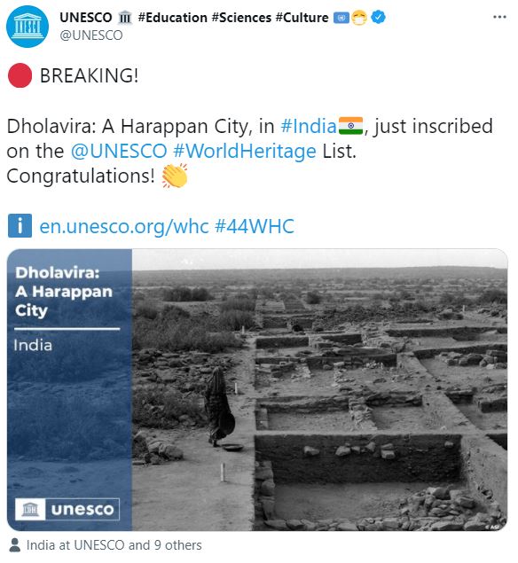 Harappan-era city Dholavira inscribed on UNESCO World Heritage List