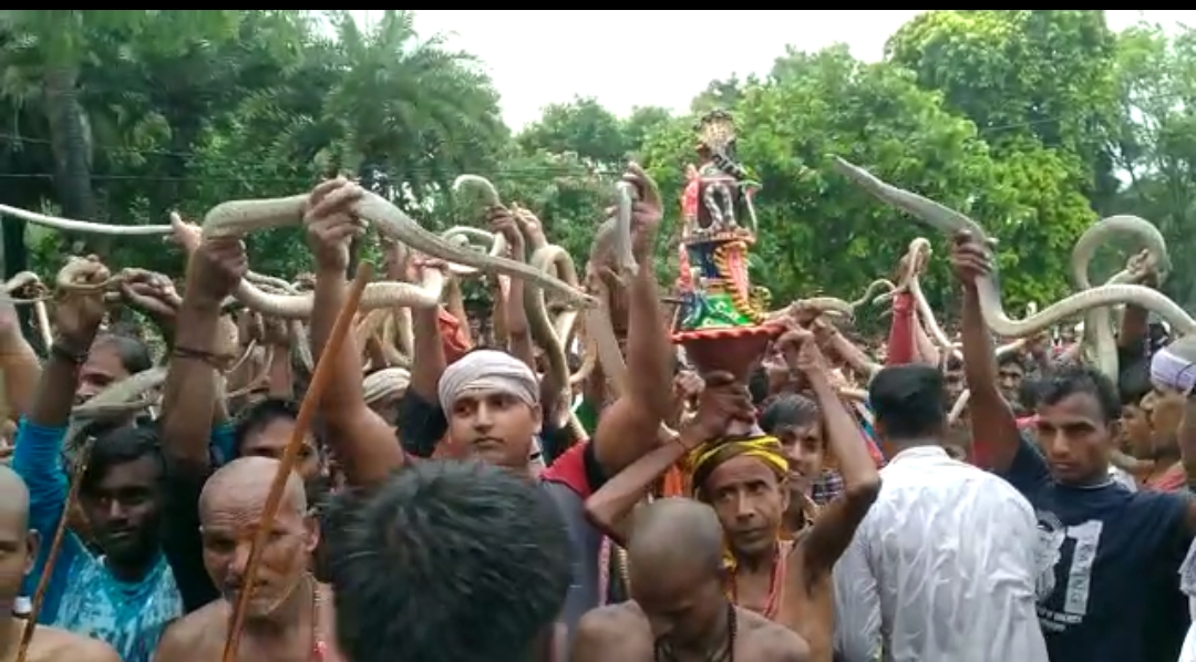 parade with snakes on Nag Panchami in Samastipur