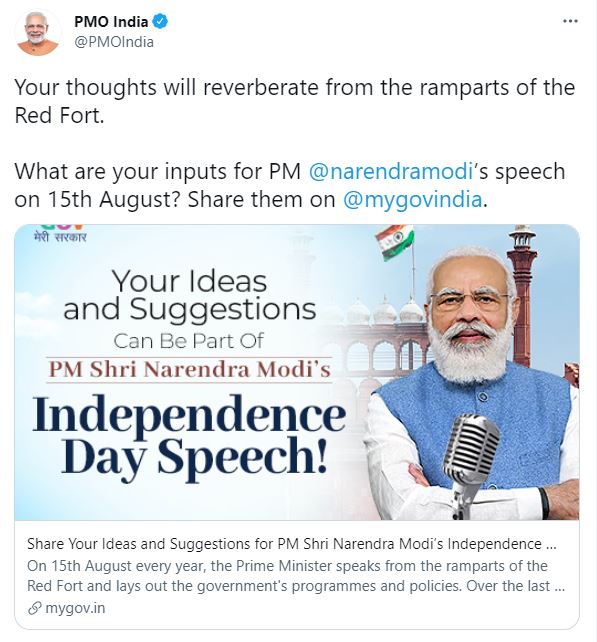 pm modi invites suggestions for his independence day speech