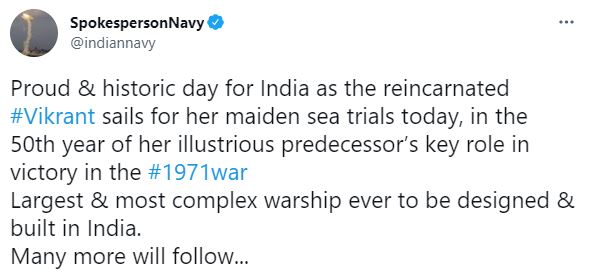 Indian Navy Spokesperson's tweet on 'Vikrant'
