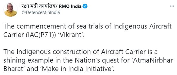 Defence Minister Rajnath Singh's tweet on 'Vikrant'