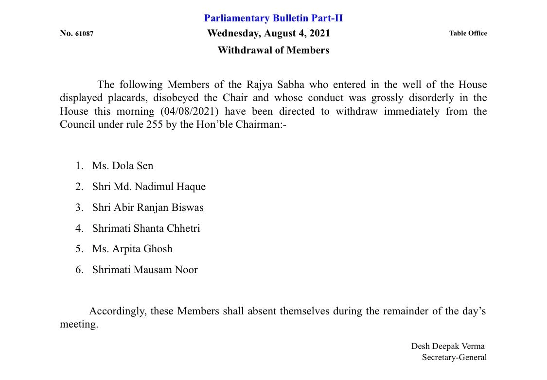 6 TMC MPs suspended from Rajya Sabha