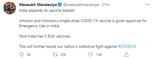 Tweet by Union Health Minister Mansukh Mandaviya