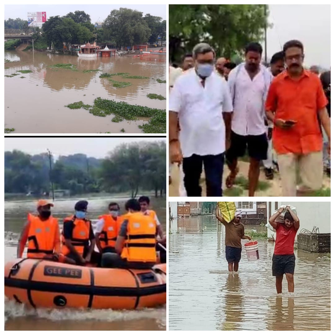 बाढ़ प्रभावित क्षेत्र का निरीक्षण करते मंत्री डॉ. नीलकंठ तिवारी.