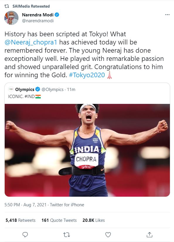 Indian athlete Neeraj Chopra wins gold at Tokyo Olympics