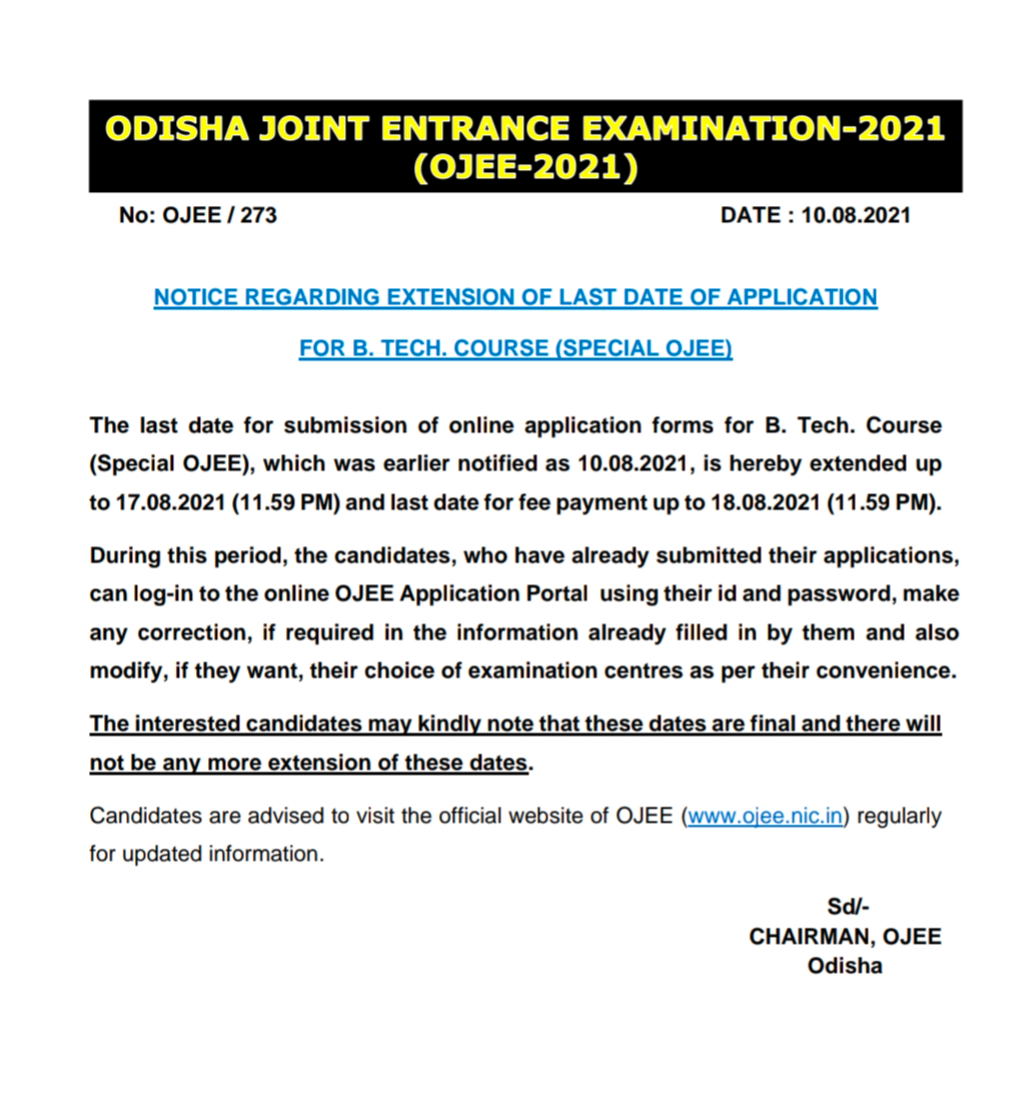 ସ୍ପେଶାଲ OJEE ଆବେଦନ ଶେଷ ତାରିଖ ଅଗଷ୍ଟ 17 ପର୍ଯ୍ୟନ୍ତ ଵୃଦ୍ଧି