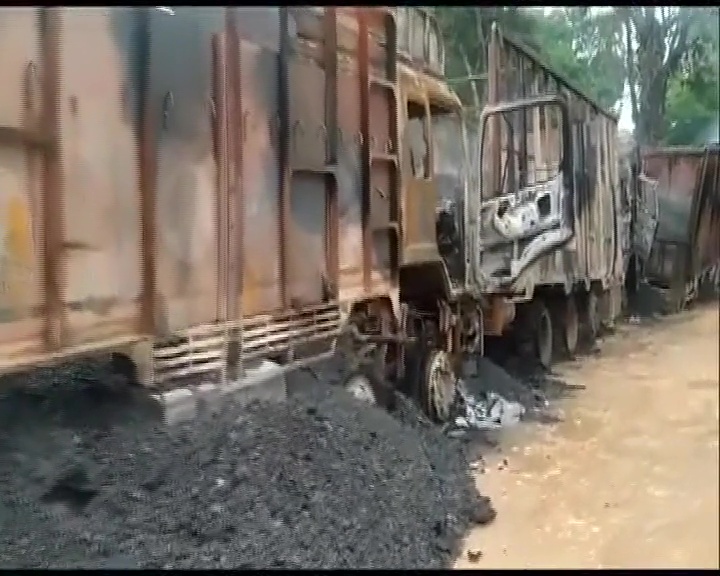 suspected militant outfit DNLA set fire to Coal loaded trucks