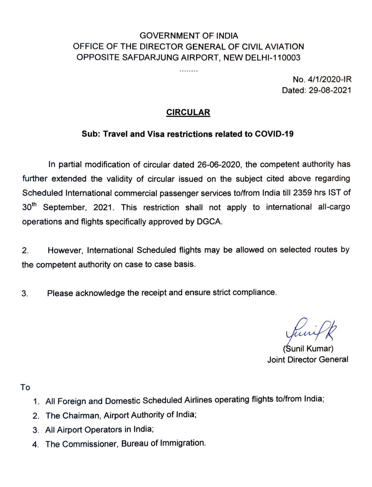 The government extends suspension on international scheduled commercial passenger flights