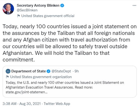 US Secretary of State Antony Blinken's tweet