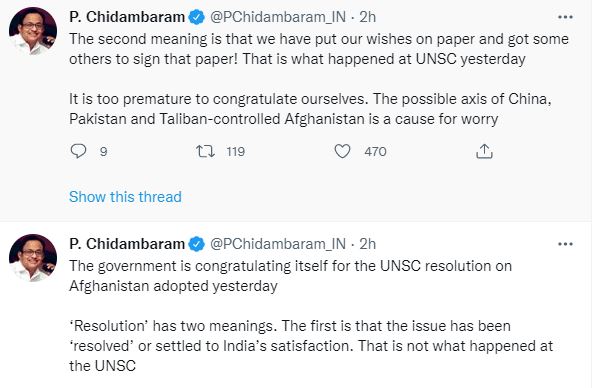 A Screenshot grabbed from the Official Twitter handle of Congress leader P Chidambaram