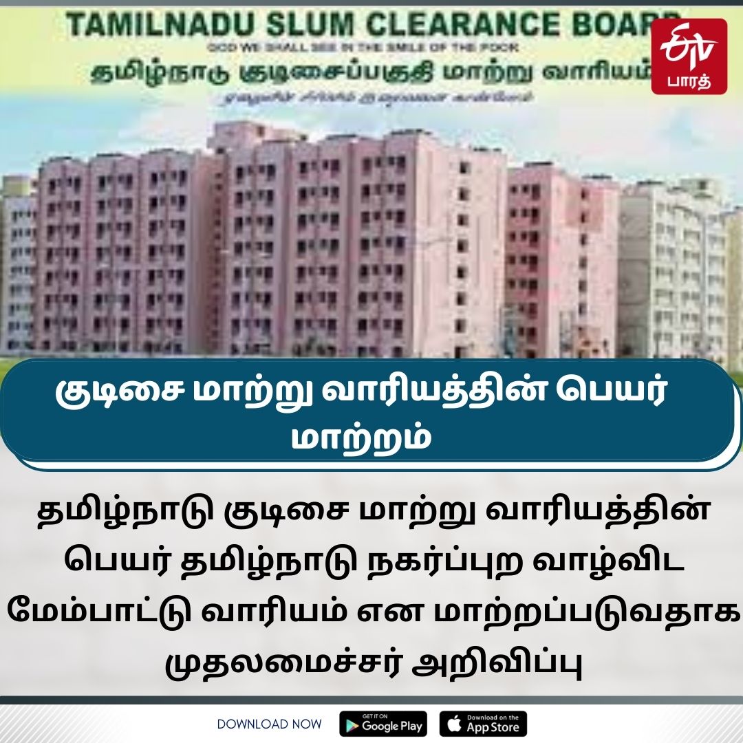 மு க ஸ்டாலின், குடிசை மாற்று வாரியம் பெயர் மாற்றம், நகர்ப்புற வாழ்விட மேம்பாட்டு வாரியம், cm announcement of changing the name of slum clearance board, slum clearance board name change