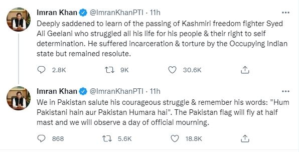 Pakistan's Prime Minister Imran Khan's tweets