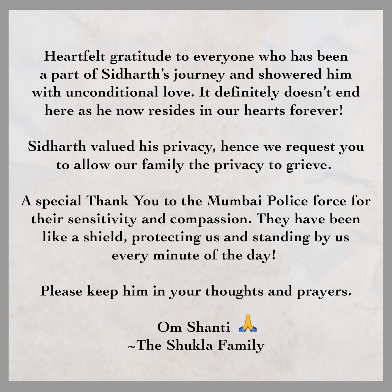 Sidharth shukla family statement