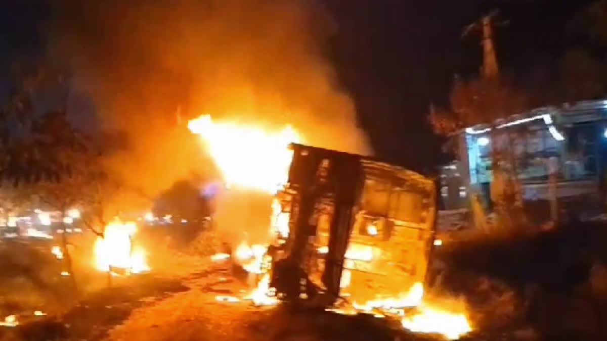 A woman was burnt to death and four other passengers were injured when a private bus caught fire in Telangana's Gadwal on Saturday.