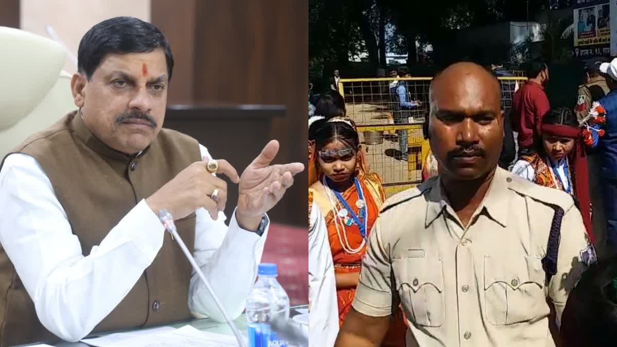 Shahdol Security Lapse Mohan Yadav  Fake police in Shahdol CM meeting  ಭದ್ರತಾ ಲೋಪ  ಸಿಎಂ ಮೋಹನ್ ಯಾದವ್  ಖಾಕಿ ಸಮವಸ್ತ್ರ ಧರಿಸಿ ಪಾನಮತ್ತ ವ್ಯಕ್ತಿ