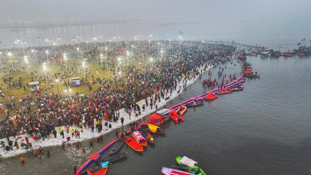 Devotees at the Maha Kumbh Mela 2025, in Prayagraj on Monday.