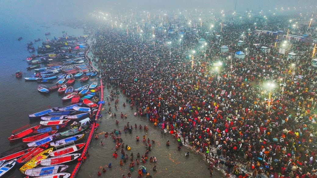 Devotees at the Maha Kumbh Mela 2025, in Prayagraj on Monday.