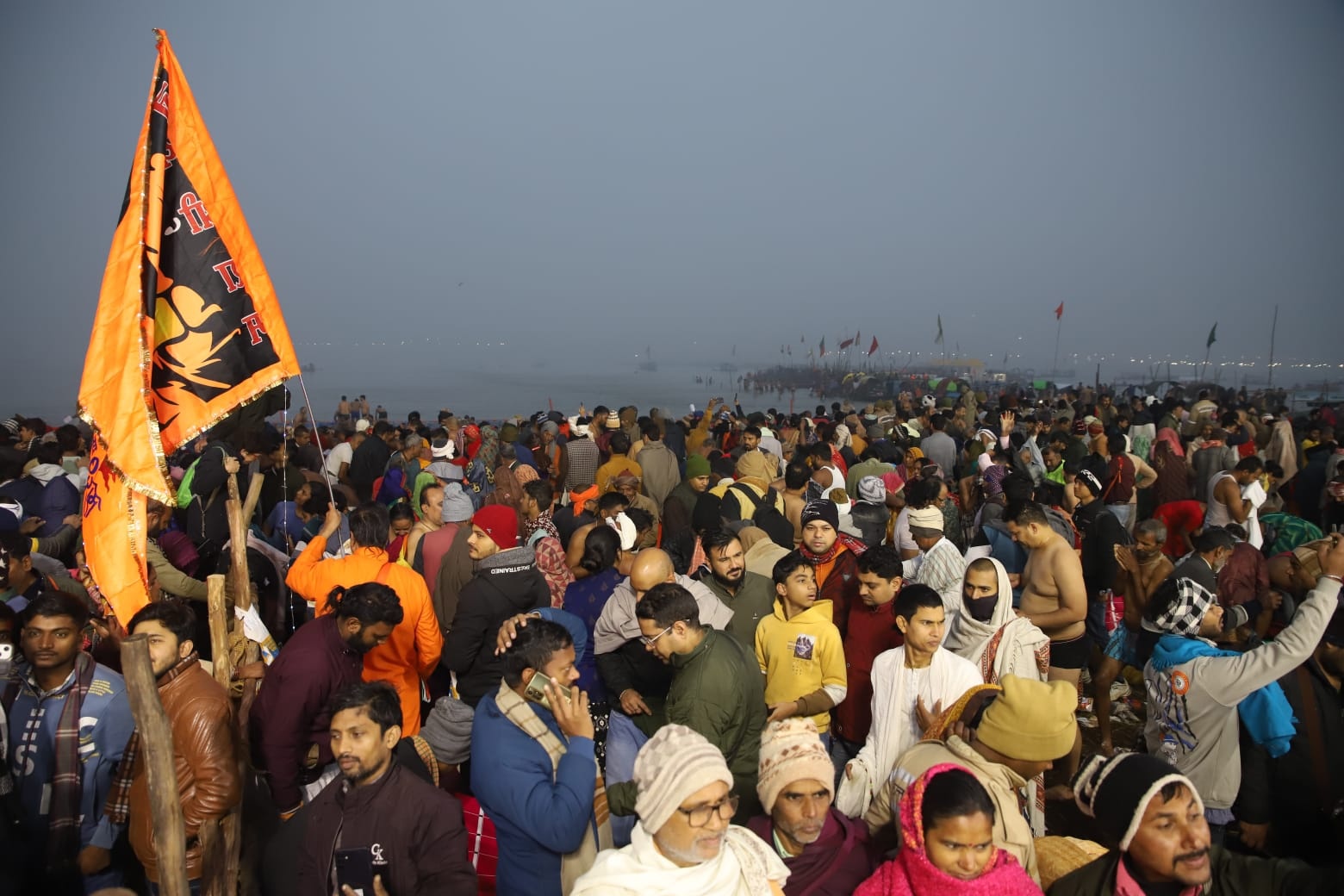 Devotees at the Maha Kumbh Mela 2025, in Prayagraj on Monday.