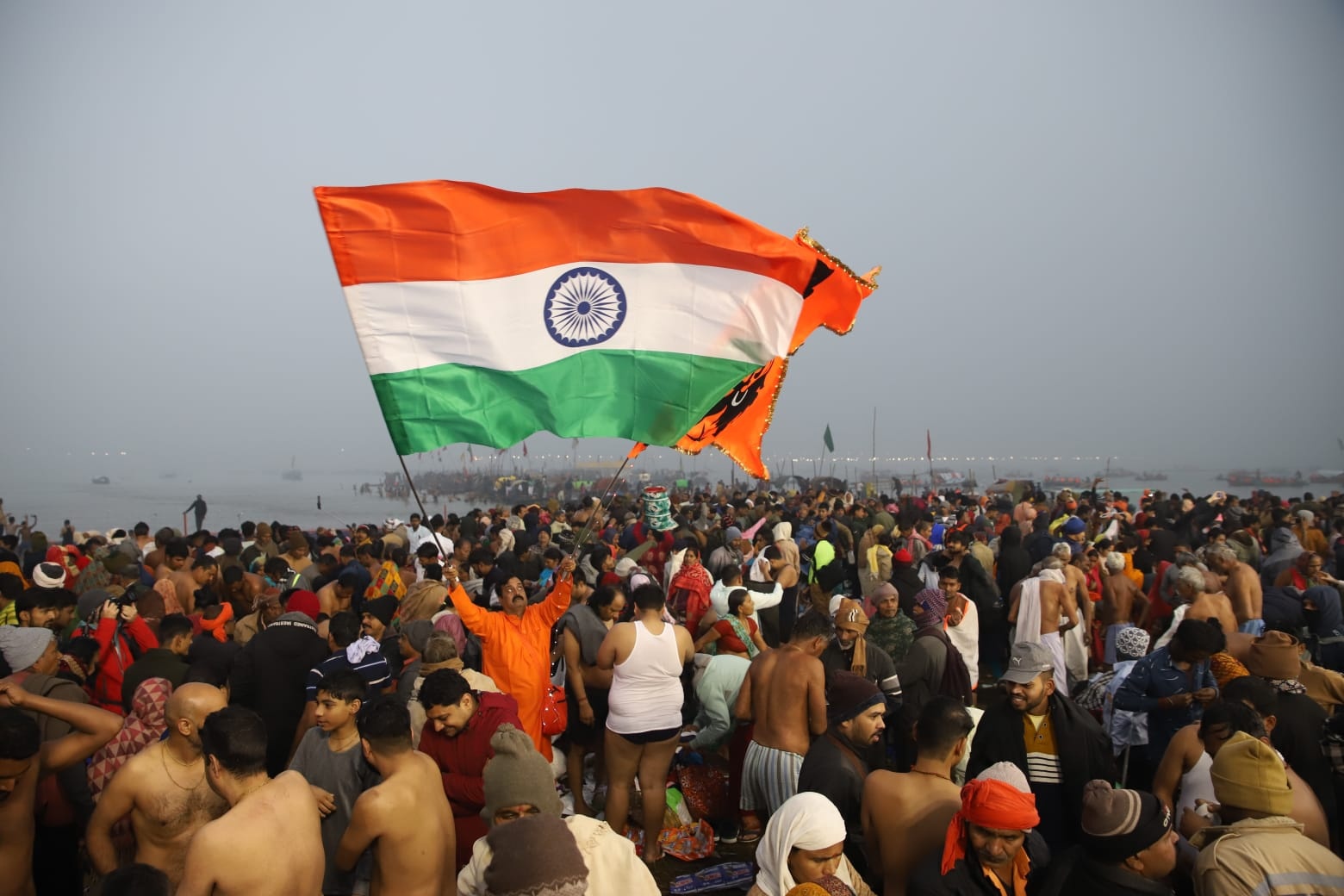 Devotees at the Maha Kumbh Mela 2025, in Prayagraj on Monday.