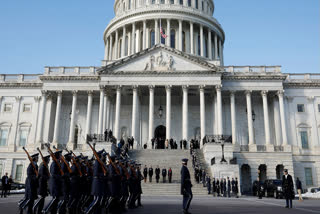 JD Vance (R-OH) and Master Sergeant Matthew Nall stand-in for President-elect Donald Trump review troops during an inauguration rehearsal on the East Front of the U.S. Capitol on January 12, 2025 in Washington, DC. U.S. President-elect Donald Trump and Vice President-elect Sen.