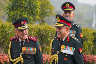 Chief of Defence Staff General Anil Chauhan and Chief of Army Staff General Upendra Dwivedi after paying tribute at the National War Memorial ahead of the 77th Army Day celebrations, in New Delhi, Monday, Jan. 13, 2025.