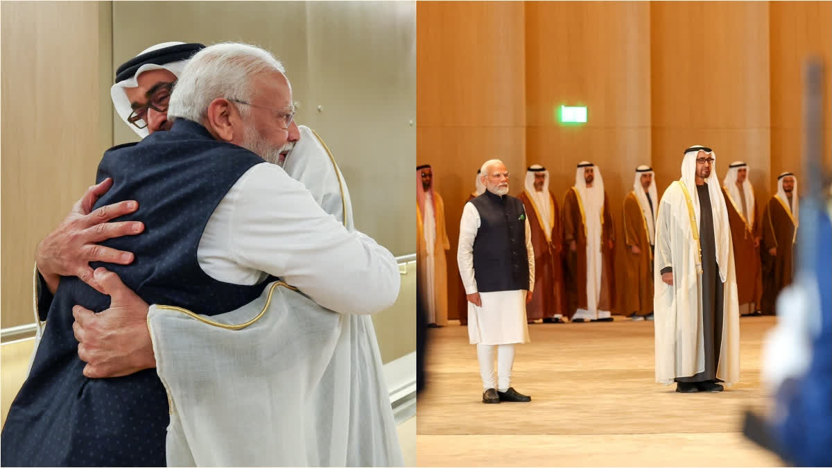 Prime Minister Narendra Modi received a rousing welcome as he arrived in Abu Dhabi on Tuesday where he was welcomed by UAE President Mohammed bin Zayed Al Nahyan.