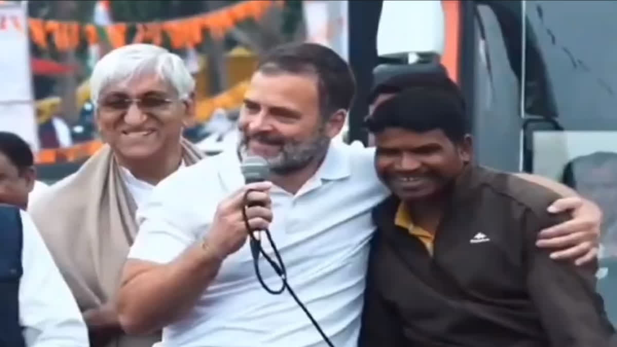 Senior Congress leader Rahul Gandhi on Tuesday hugged a tribal man and asked him not to panic during his Bharat Jodo Nyay Yatra in Chhattisgarh’s Surajpur.