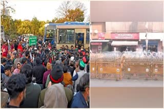 A collage of farmers protest and police barricades