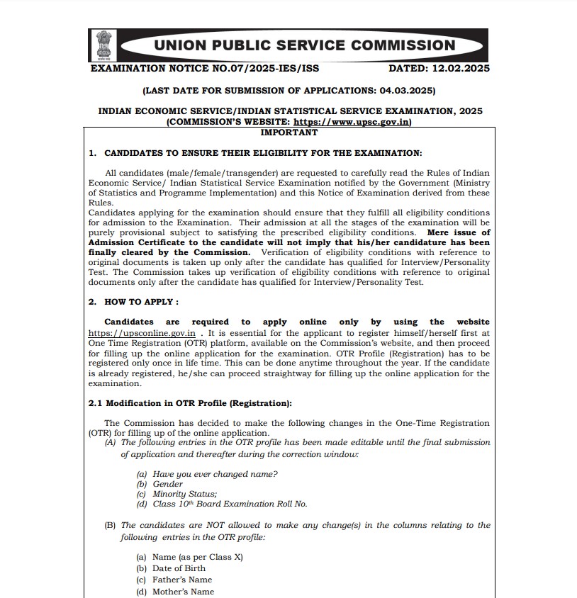 UPSC Recruitment for Indian Economic Service and Indian Statistical Service post