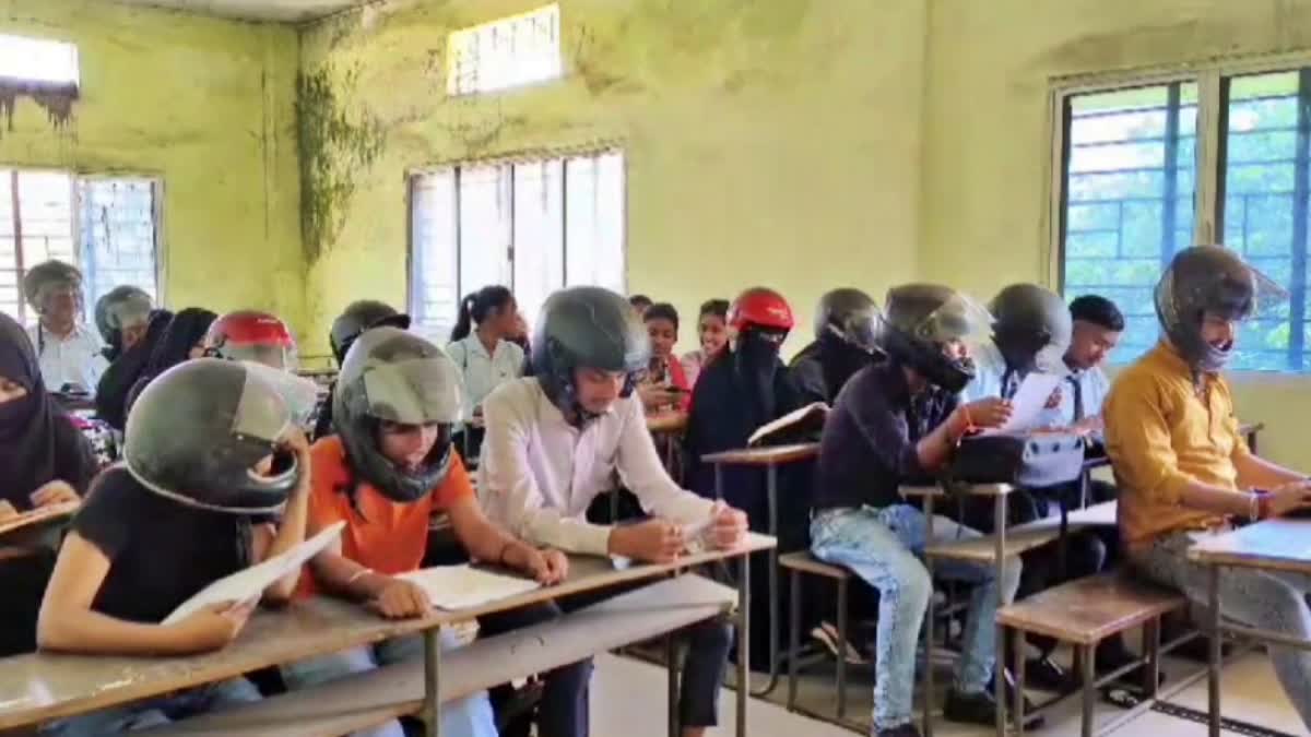Students attended class wearing helmet