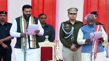 Haryana CM Nayab Singh Saini (L) administered oath by Governor Bandaru Dattatreya