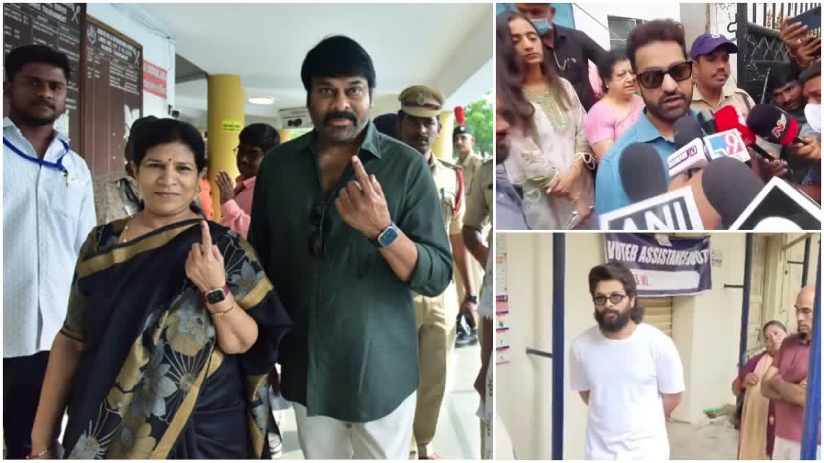 CHIRANJEEVI ON LOK SABHA ELECTION  ALLU ARJUN CASTS VOTE  JR NTR ON LOK SABHA ELECTIONS  TOLLYWOOD CELEBRATIES VOTES IN TS